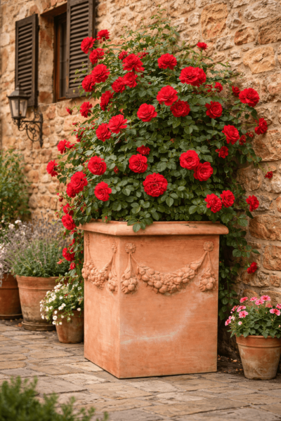 Hoher, massiver, quadratischer Blumenkasten aus Impruneta Terracotta mit Rankenverzierung